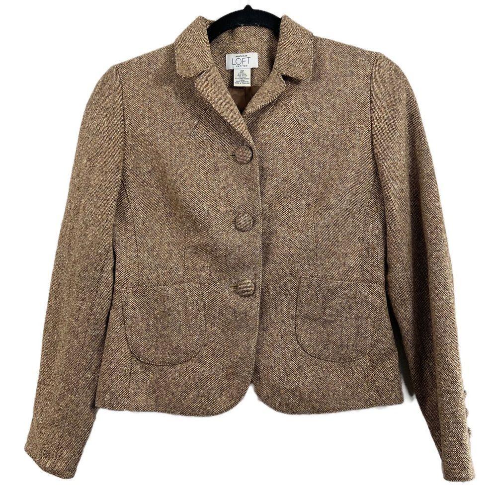 Ann Taylor Loft Petite Brown Tweed Wool Button Blazer Size OP